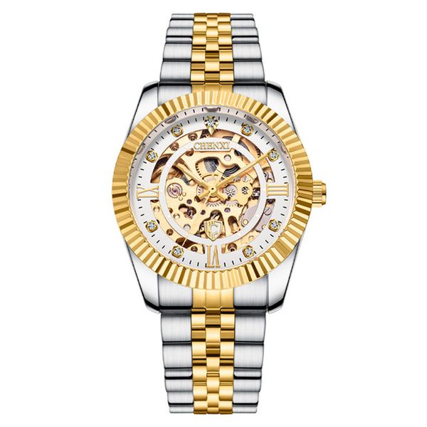 chenxi mechanical automatic watches gold bezel luminous pointer skeleton hollowout wristwatch stainless steel buckle clock for men, Slivery;brown
chenxi mechanical automatic watches gold bezel luminous pointer skeleton hollowout wristwatch stainless steel buckle clock for men, Slivery;brown
