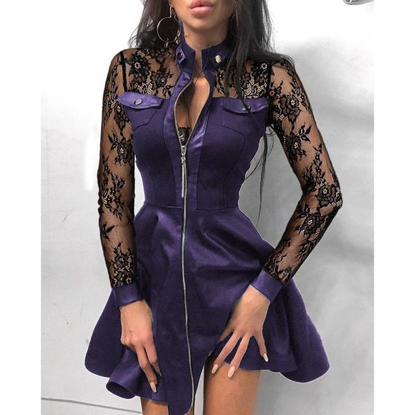 European and American new stitching dress houndstooth print zipper PU leather slim long-sleeved ruffle dress, White;black
European and American new stitching dress houndstooth print zipper PU leather slim long-sleeved ruffle dress, White;black