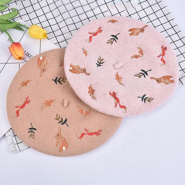 berets autumn and winter squirrel leaves embroidered wool beret artist hat, Blue;gray
berets autumn and winter squirrel leaves embroidered wool beret artist hat, Blue;gray