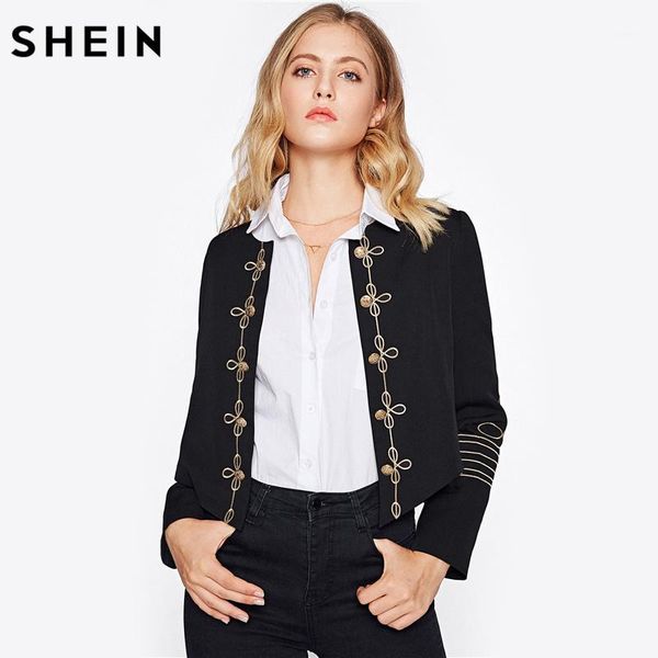 

wholesale-shein golden button embellished embroidery blazer black elegant women's coat and blazers collarless fitted work blazer1, White;black