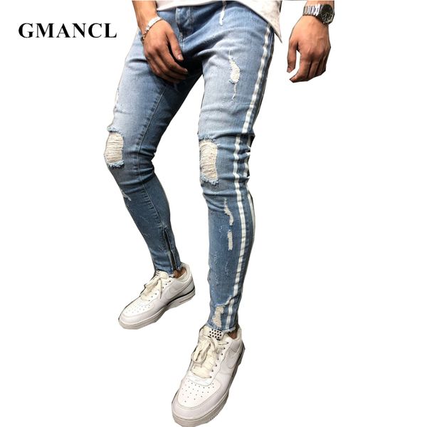 new men high street hip hop side white print knee hole ripped skinny jeans stretch slim ankle zipper joggers biker denim pants 201111, Blue
new men high street hip hop side white print knee hole ripped skinny jeans stretch slim ankle zipper joggers biker denim pants 201111, Blue