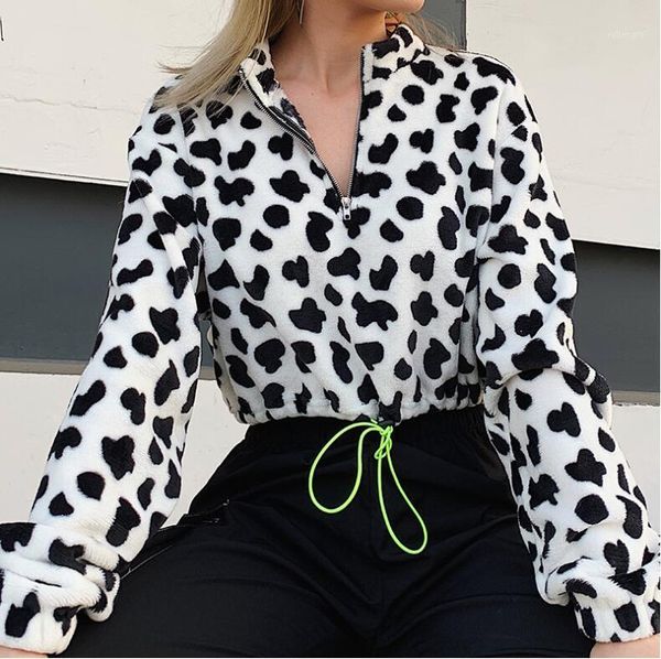 spring new hip-hop cow print drawstring zip sweatshirt women1, Black