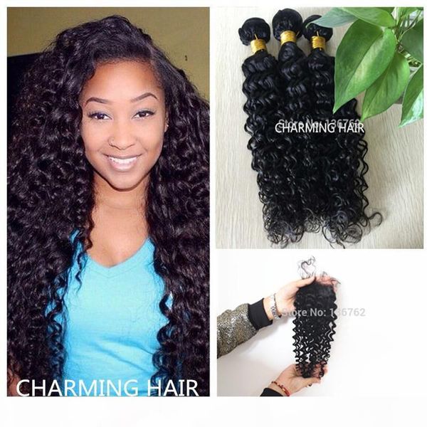 brazilian water wave virgin hair 3 bundles with closure brazilian natural wave wavy brazilian hair bundles with lace closure, Black 
brazilian water wave virgin hair 3 bundles with closure brazilian natural wave wavy brazilian hair bundles with lace closure, Black
