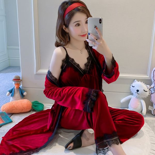 Velour 2021 Autumn New 3pcs Robe Set Women Casual Kimono Bathrobe Gown Sexy Lace Homewear Velvet Sleep Set Intimate Lingerie, Style 1 navy blue
Velour 2021 Autumn New 3pcs Robe Set Women Casual Kimono Bathrobe Gown Sexy Lace Homewear Velvet Sleep Set Intimate Lingerie, Style 1 navy blue