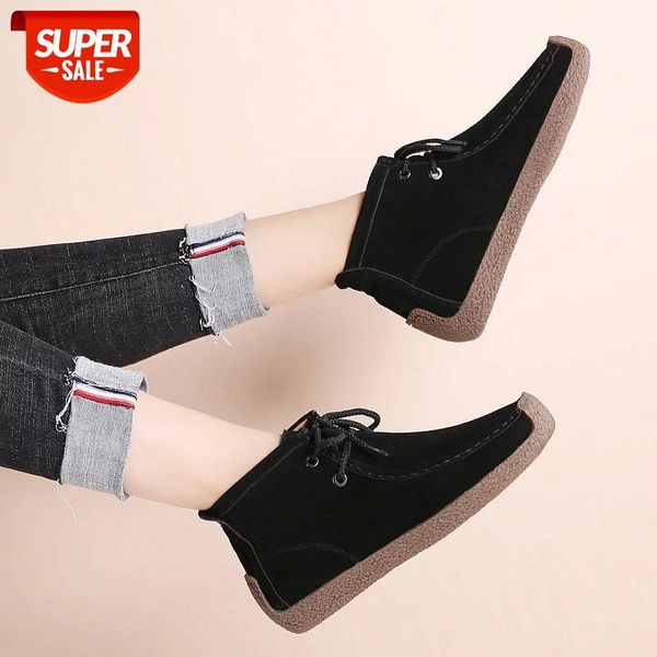solid flats shoes women boots 2020 autumn shoes woman lace-up round toe genuine leather ankle boots women botas mujer #nv8s, Black