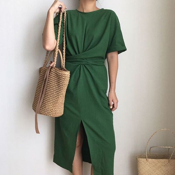 women's summer white cotton short sleeve bandage bodycon dress plus size solid mid calf long casual dresses y200805, Black;pink
women's summer white cotton short sleeve bandage bodycon dress plus size solid mid calf long casual dresses y200805, Black;pink