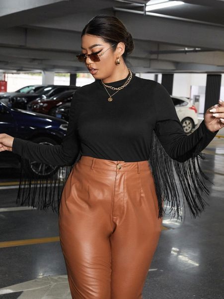 plus fringe trim mock neck tee 56i9#, Black
plus fringe trim mock neck tee 56i9#, Black