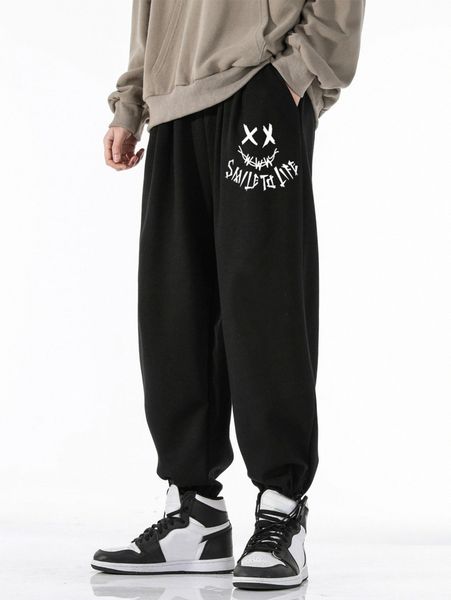 romwe guys slogan graphic sweatpants u9pz#, Black