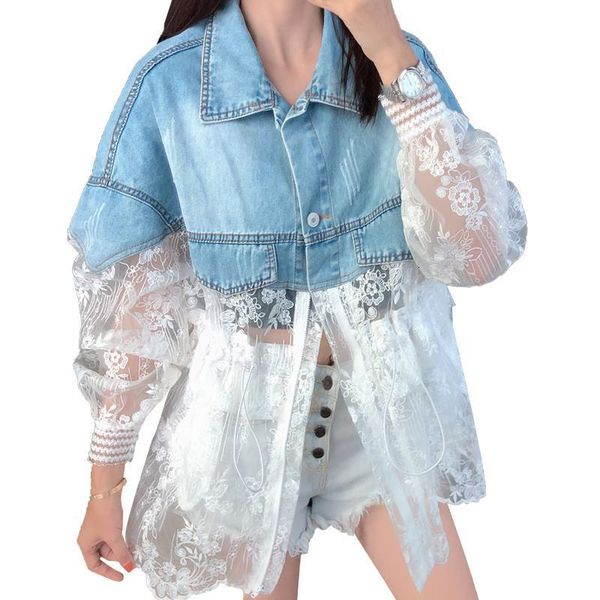 2020 new summer fashion stitching lace embroidery large size denim jacket women's coat loose perspective denim coat, Black;brown
2020 new summer fashion stitching lace embroidery large size denim jacket women's coat loose perspective denim coat, Black;brown