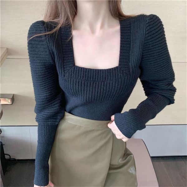 korean chic black white knitted women puff sleeve u neck elegant sweater french style underwear jumper pull femme1, White;black
korean chic black white knitted women puff sleeve u neck elegant sweater french style underwear jumper pull femme1, White;black