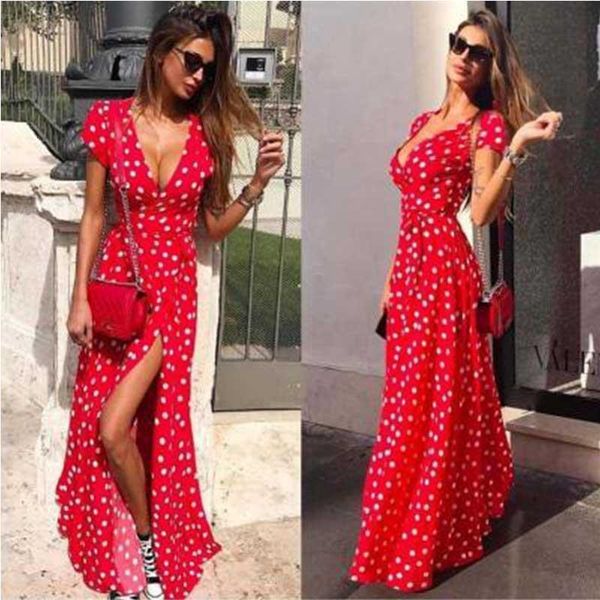 summer ladies long dress red white dot beach dress maxi dress women evening party sundress vestidos de festa2019, Black;gray
