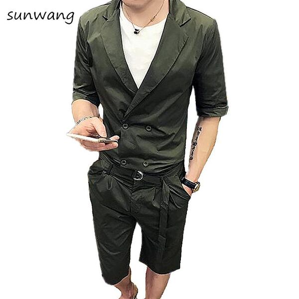 summer casual dress unique designer slim fit mens double breasted suits 2 pcs short sets blazer pants green men suit with belt, White;black
summer casual dress unique designer slim fit mens double breasted suits 2 pcs short sets blazer pants green men suit with belt, White;black