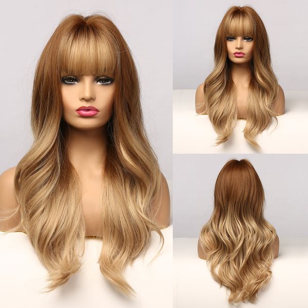 synthetic long wavy dark brown golden highlight wig for black women african american cosplay wig with bangs heat resistant
synthetic long wavy dark brown golden highlight wig for black women african american cosplay wig with bangs heat resistant