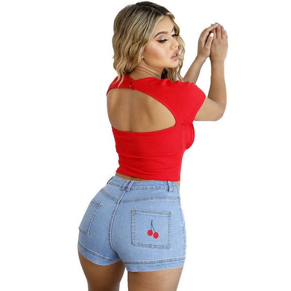 women's high stretch mid waist denim shorts with embroidered fringe, Blue