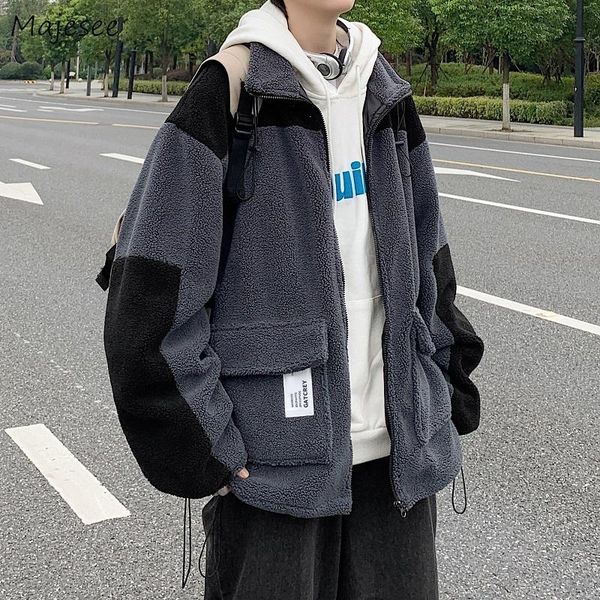men short style parkas lambswool loose thickening coat turn-down collar pockets patchwork korean fashion oversize male chic ins, Black
men short style parkas lambswool loose thickening coat turn-down collar pockets patchwork korean fashion oversize male chic ins, Black