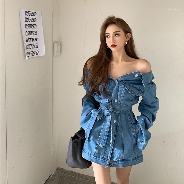 real s2020 new fashion temperament casual retro strapless denim jacket dress with belt1, Black;gray
real s2020 new fashion temperament casual retro strapless denim jacket dress with belt1, Black;gray