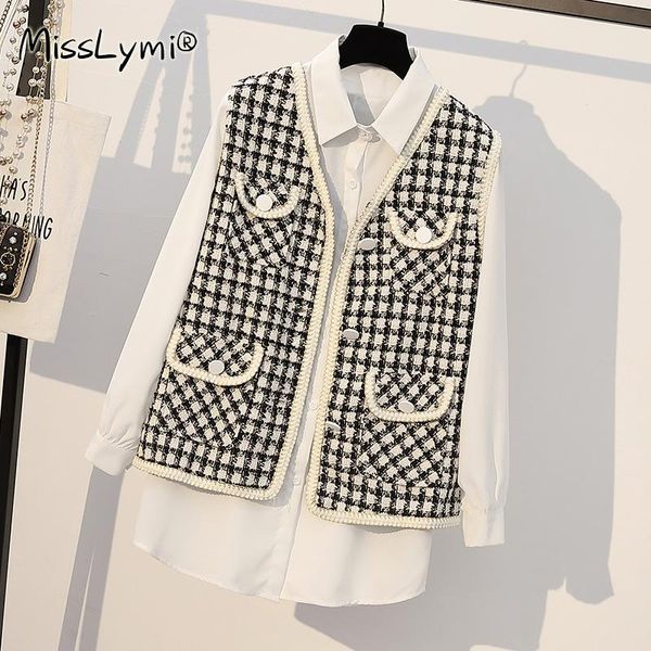 4xl plus size women sweet two piece set clothes autumn 2020 korean fashion long sleeve white shirts and v-neck tweed plaid vest
4xl plus size women sweet two piece set clothes autumn 2020 korean fashion long sleeve white shirts and v-neck tweed plaid vest