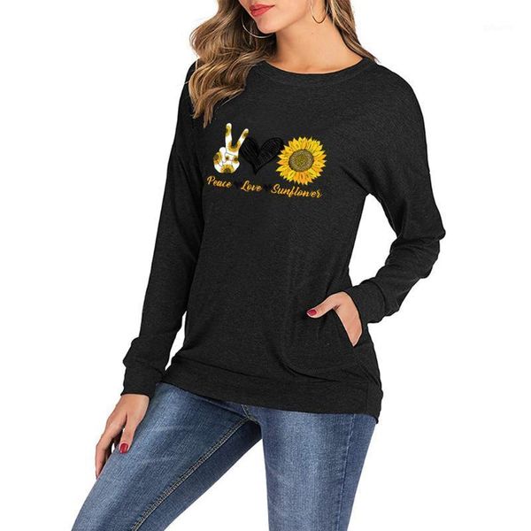 women blouse peace love sunflower print blouse polyester long sleeve letter print round collar sweater with pocket1, White
women blouse peace love sunflower print blouse polyester long sleeve letter print round collar sweater with pocket1, White