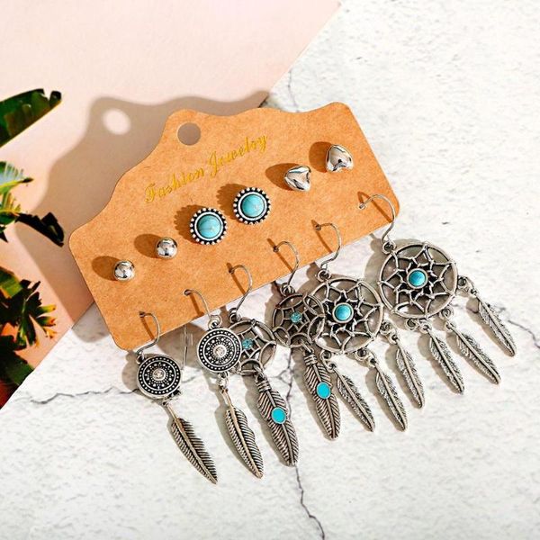 retro ethnic style alloy 6-piece earrings feather alloy pendant natural turquoises inlaid 2020 gypsy jewelry birthday gift, Silver
retro ethnic style alloy 6-piece earrings feather alloy pendant natural turquoises inlaid 2020 gypsy jewelry birthday gift, Silver
