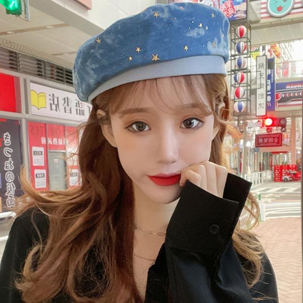 berets ht3504 spring summer women hat cotton denim for ladies stars print beret female vintage artist painter, Blue;gray
berets ht3504 spring summer women hat cotton denim for ladies stars print beret female vintage artist painter, Blue;gray