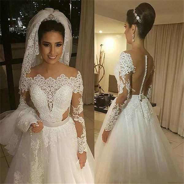 sheer backless nude and ivory wedding dresses a line illusion bateau neckline long sleeve appliques lace tulle garden beach bridal gown, White
sheer backless nude and ivory wedding dresses a line illusion bateau neckline long sleeve appliques lace tulle garden beach bridal gown, White