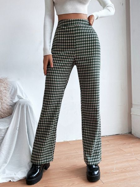 plaid print flare leg pants j0w3#, Black;white