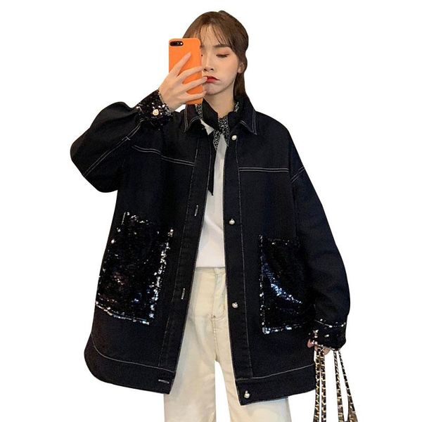 women's jackets sequin denim jacket for women 2021 autumn black elegant outerwear long sleeve casual loose coat casaco feminino r483, Black;brown
women's jackets sequin denim jacket for women 2021 autumn black elegant outerwear long sleeve casual loose coat casaco feminino r483, Black;brown