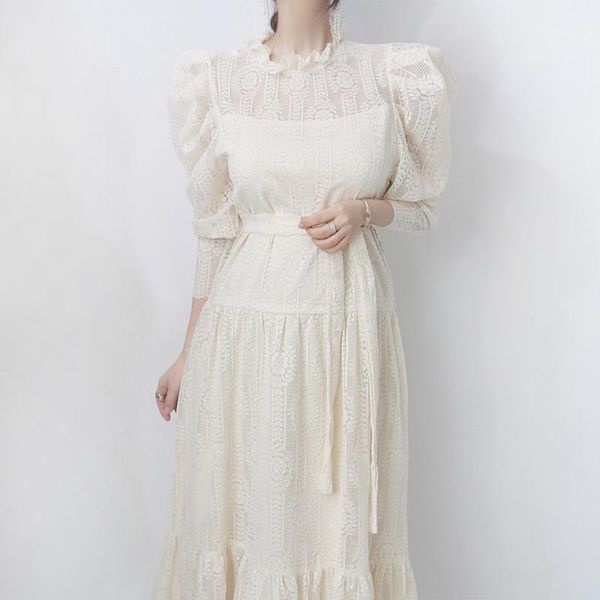 chic court style stand collar lace crocheted high waist long dress strap transparent puff sleeve solid color outdoor dress1, Black;gray
chic court style stand collar lace crocheted high waist long dress strap transparent puff sleeve solid color outdoor dress1, Black;gray