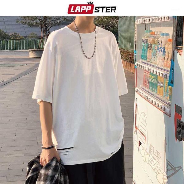men harajuku streetwear t shirt hole summer tees 2020 mens white oversized casual tshirts korean hip hop clothing1, White;black 
men harajuku streetwear t shirt hole summer tees 2020 mens white oversized casual tshirts korean hip hop clothing1, White;black