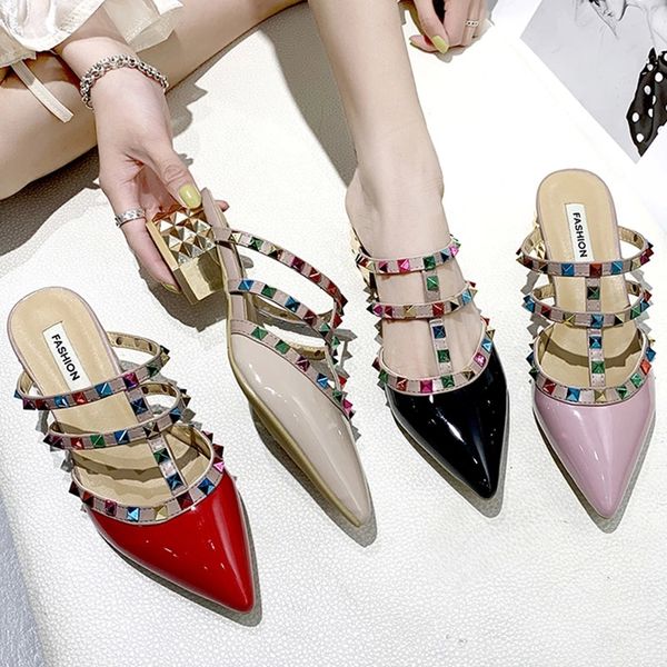 2020 spring summer women slippers patent leather rivets slides medium heeled dress shoes red slipper zapatos mujer pink 8040n #y908, Black
2020 spring summer women slippers patent leather rivets slides medium heeled dress shoes red slipper zapatos mujer pink 8040n #y908, Black