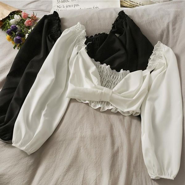 french style small bow back short shirt women's autumn and winter pleated slim fit wooden ear puff sleeve, White