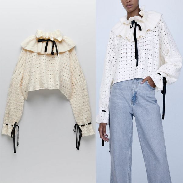 2020 za ruffle knit sweater women high collar long sleeve chic bow female elegant openwork autumn knitted pullover plus size lj201114, White;black
2020 za ruffle knit sweater women high collar long sleeve chic bow female elegant openwork autumn knitted pullover plus size lj201114, White;black