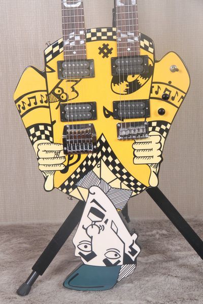 

rare trick's rick nielsen uncle dick double neck yellow electric guitar 21 fret on each neck, chrome hardware, white pearl inlay