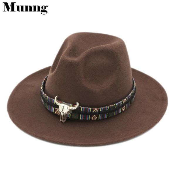 munng wool wide brim panama hat fedora trilby jazz cap bull skull braided belt, Blue;gray