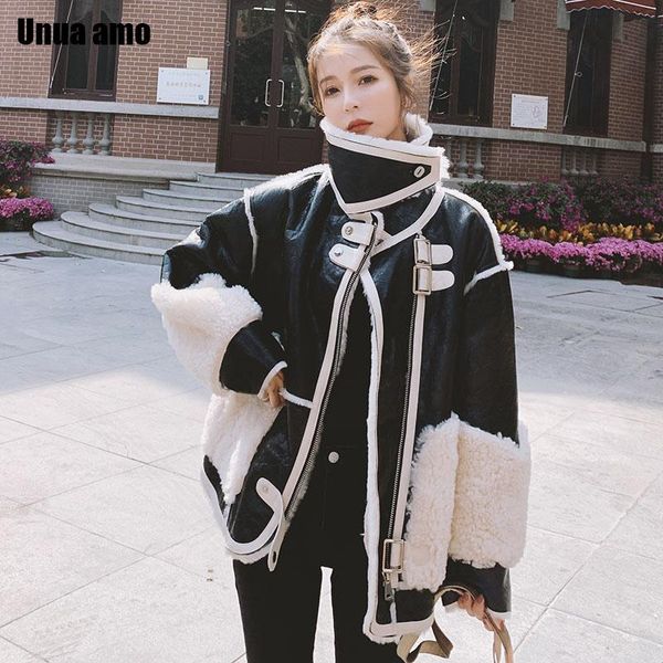 women's leather & faux unua amo pu winter coat female fashion hit color spliced design locomotive fur lambswool jacket women, Black
women's leather & faux unua amo pu winter coat female fashion hit color spliced design locomotive fur lambswool jacket women, Black