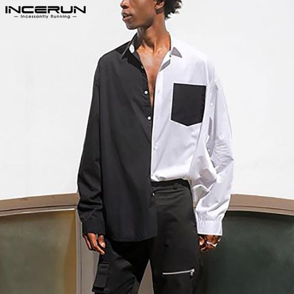 men's casual shirts incerun 2021 fashion patchwork men long sleeve lapel camisa korean style buttons chemise man color stitching blouse, White;black
men's casual shirts incerun 2021 fashion patchwork men long sleeve lapel camisa korean style buttons chemise man color stitching blouse, White;black