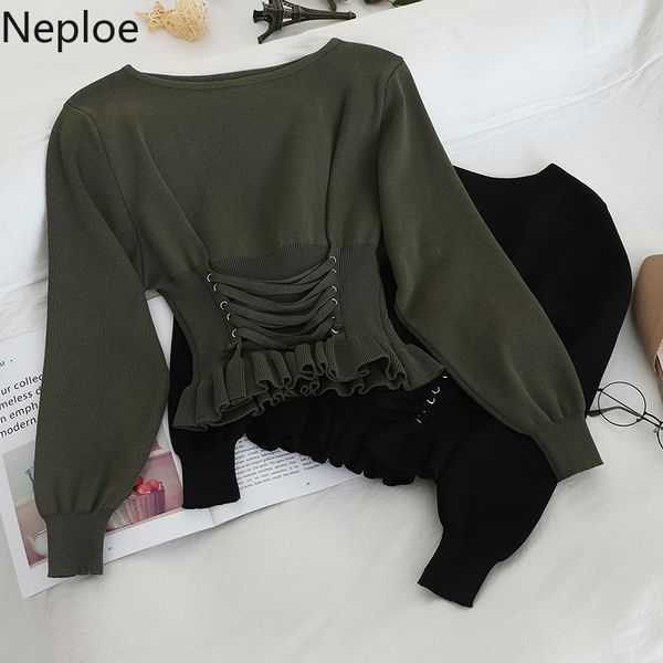 neploe elegant ruffle long sleeve knit sweater slim fit pullover slim waist lace up pull femme o neck solid winter clothes 48297 201111, White;black
neploe elegant ruffle long sleeve knit sweater slim fit pullover slim waist lace up pull femme o neck solid winter clothes 48297 201111, White;black