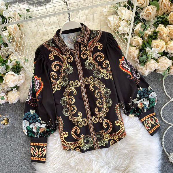 women's royal style prints autumn retro lantern sleeve blouse chic ladies shirt, White 
women's royal style prints autumn retro lantern sleeve blouse chic ladies shirt, White