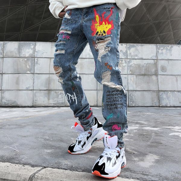 men streetwear denim pants hip hop ripped holes print jeans denim pants cotton joggers trousers, Blue
men streetwear denim pants hip hop ripped holes print jeans denim pants cotton joggers trousers, Blue