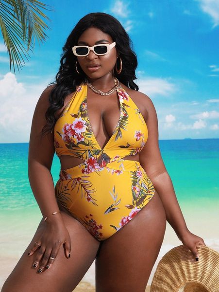 plus floral print halter one piece swimsuit q4sq#, Black 
plus floral print halter one piece swimsuit q4sq#, Black