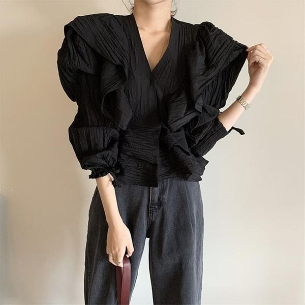 2020 korean loose vintage all match v neck ruffles women elegance high waist sweet solid chic shirts, White
2020 korean loose vintage all match v neck ruffles women elegance high waist sweet solid chic shirts, White
