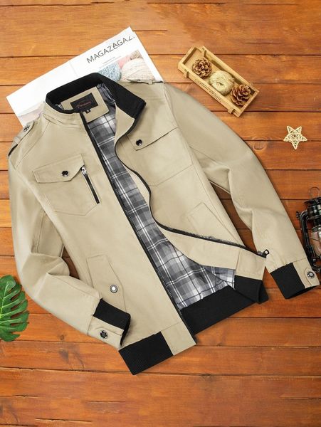 men flap pocket zip up jacket c7sh#, Black;brown