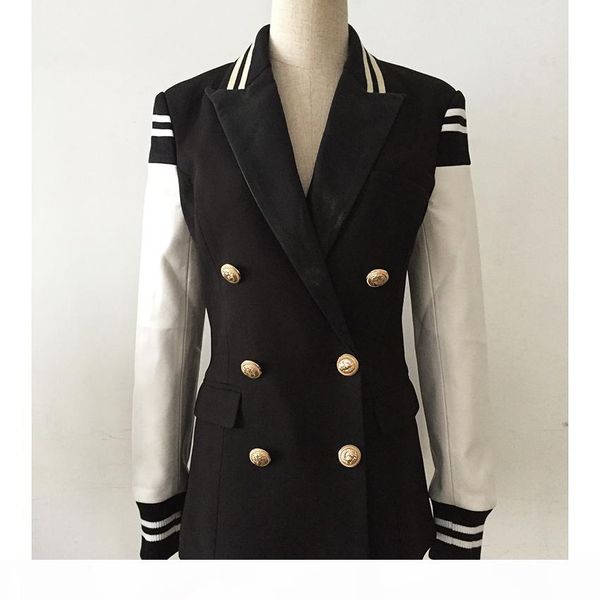fashion blazer women's leather patchwork double breasted blazer classic varsity jacket, White;black
fashion blazer women's leather patchwork double breasted blazer classic varsity jacket, White;black