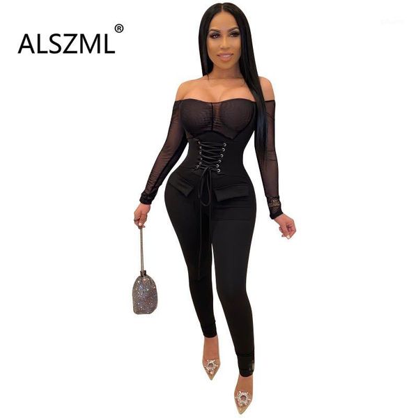 style slash neck long sleeve mesh spliced lady jumpsuits high waist lace-up design fashion tight pants catsuits1, Black;white
style slash neck long sleeve mesh spliced lady jumpsuits high waist lace-up design fashion tight pants catsuits1, Black;white