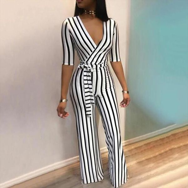 summer deep v neck sashes jumpsuit women half sleeve casual rompers overalls office lady striped long pants jumpsuits, Black;white
summer deep v neck sashes jumpsuit women half sleeve casual rompers overalls office lady striped long pants jumpsuits, Black;white