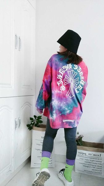 new european pink tie dyed washed cotton t loose and slim fashion personalized crosin print, Black
new european pink tie dyed washed cotton t loose and slim fashion personalized crosin print, Black