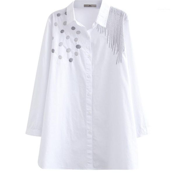 women's casual blouse of the new autumn plus size in the long polka dot line embroidered shirt 20201, White
women's casual blouse of the new autumn plus size in the long polka dot line embroidered shirt 20201, White