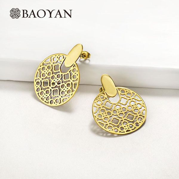 stud baoyan luxury golden round heart earrings vintage big hollow stainless steel titanium gold for women 2021, Golden;silver 
stud baoyan luxury golden round heart earrings vintage big hollow stainless steel titanium gold for women 2021, Golden;silver