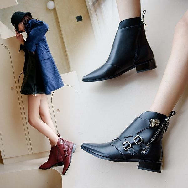 spring autumn new multiple metal buckles pointed toe genuine leather women ankle boots winter plush zipper ladies short botas, Black
spring autumn new multiple metal buckles pointed toe genuine leather women ankle boots winter plush zipper ladies short botas, Black