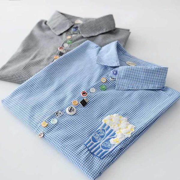 cartoon popcorn embroidery plaid colorful cute buttons long sleeve blouse cotton shirt1, White
cartoon popcorn embroidery plaid colorful cute buttons long sleeve blouse cotton shirt1, White